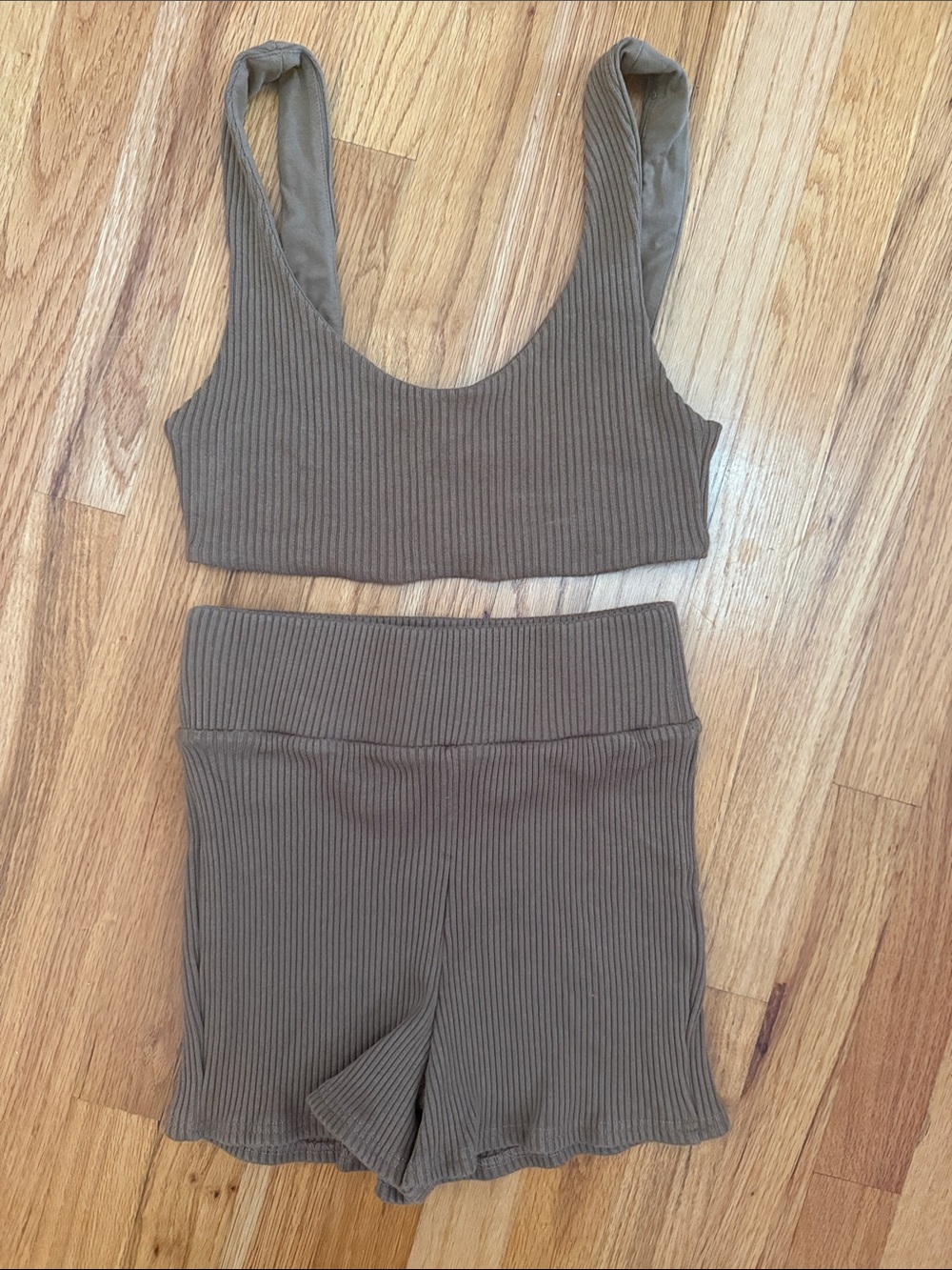 Zara Ribbed Crop Top and Shorts Set in Taupe Brown - Picture 1 of 3